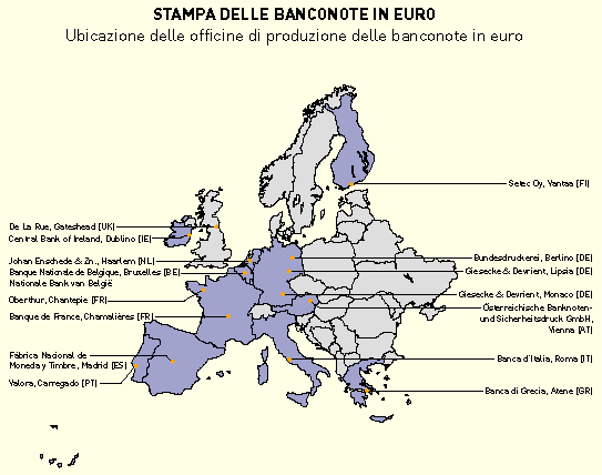 Ubicazione delle officine di produzione delle banconote in euro
